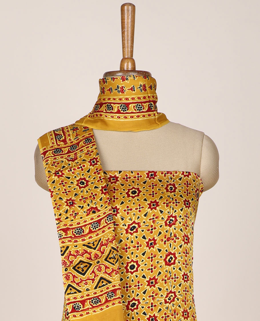 Yellow chudidar material set, ajrakh printed, plain bottom & intricately ajrakh printed dupatta