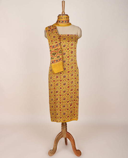 Yellow chudidar material set, ajrakh printed, plain bottom & intricately ajrakh printed dupatta