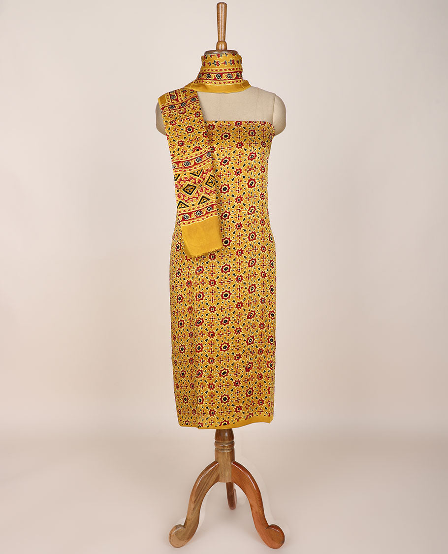 Yellow chudidar material set, ajrakh printed, plain bottom & intricately ajrakh printed dupatta