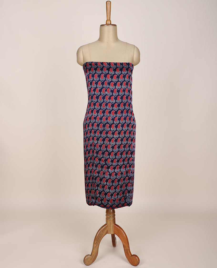 Blue chudidar material set, paisley printed, plain bottom & intricately ajrakh printed dupatta