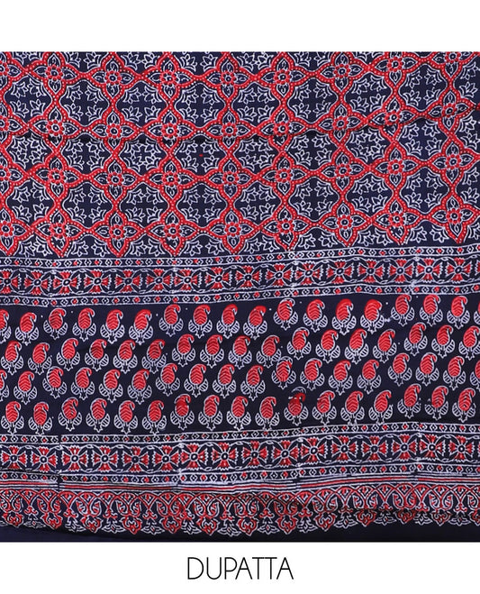 Blue chudidar material set, paisley printed, plain bottom & intricately ajrakh printed dupatta