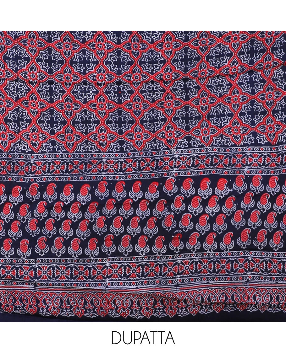 Blue chudidar material set, paisley printed, plain bottom & intricately ajrakh printed dupatta
