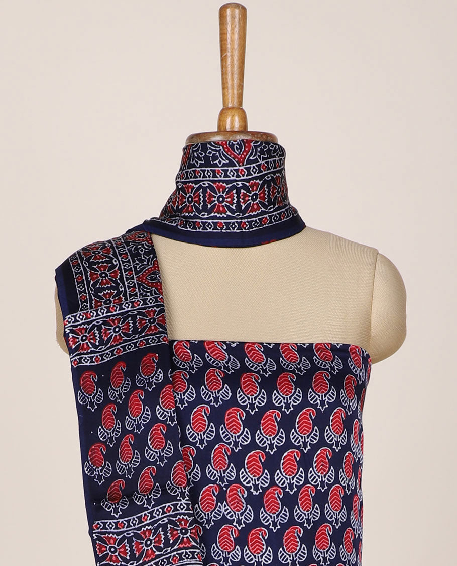 Blue chudidar material set, paisley printed, plain bottom & intricately ajrakh printed dupatta