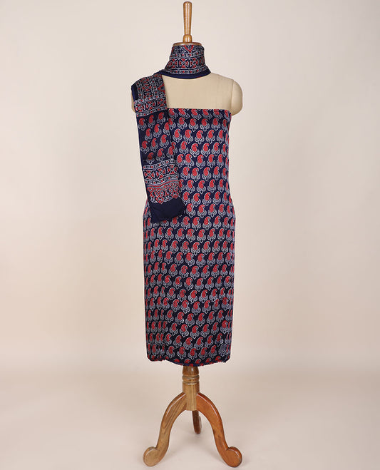 Blue chudidar material set, paisley printed, plain bottom & intricately ajrakh printed dupatta