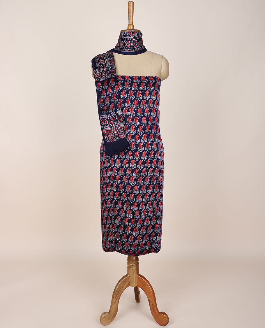 Blue chudidar material set, paisley printed, plain bottom & intricately ajrakh printed dupatta