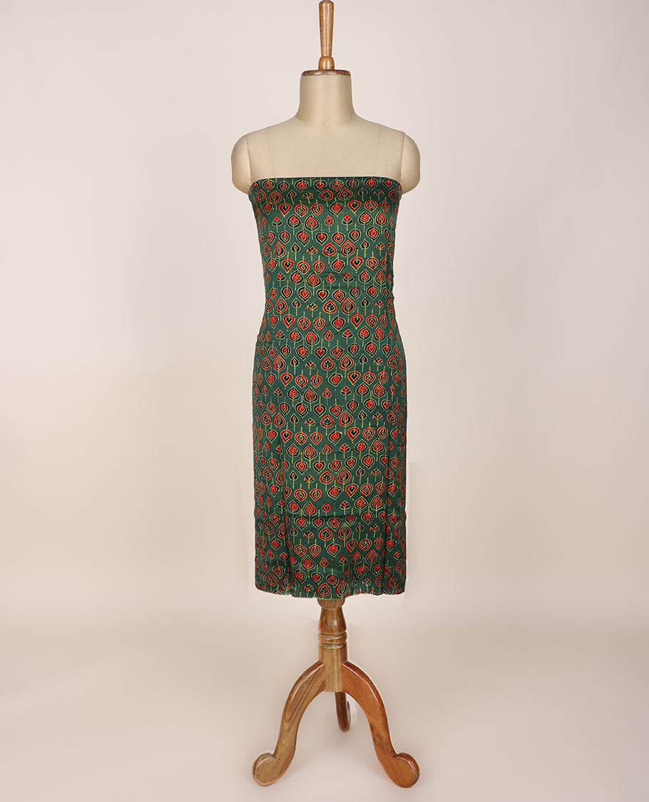 Green chudidar material set, paisley printed, plain bottom & intricately ajrakh printed dupatta