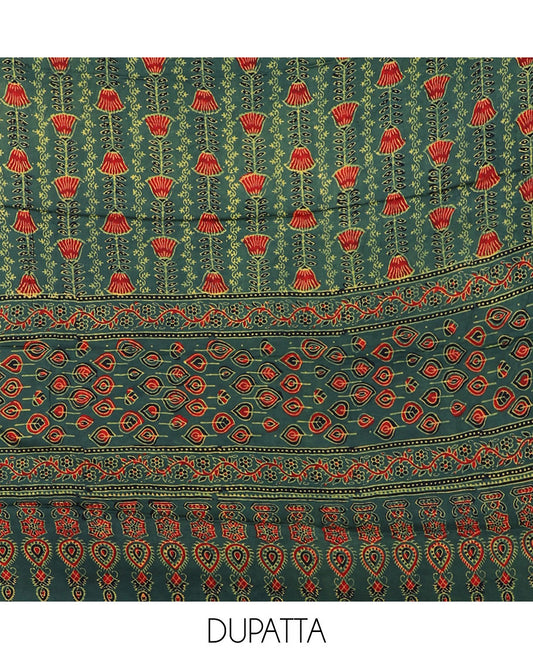 Green chudidar material set, paisley printed, plain bottom & intricately ajrakh printed dupatta