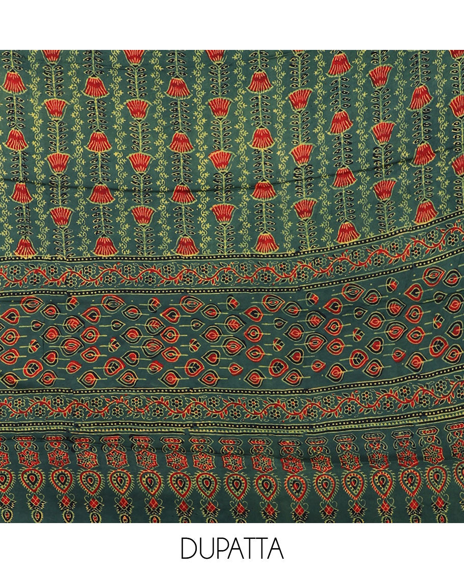 Green chudidar material set, paisley printed, plain bottom & intricately ajrakh printed dupatta