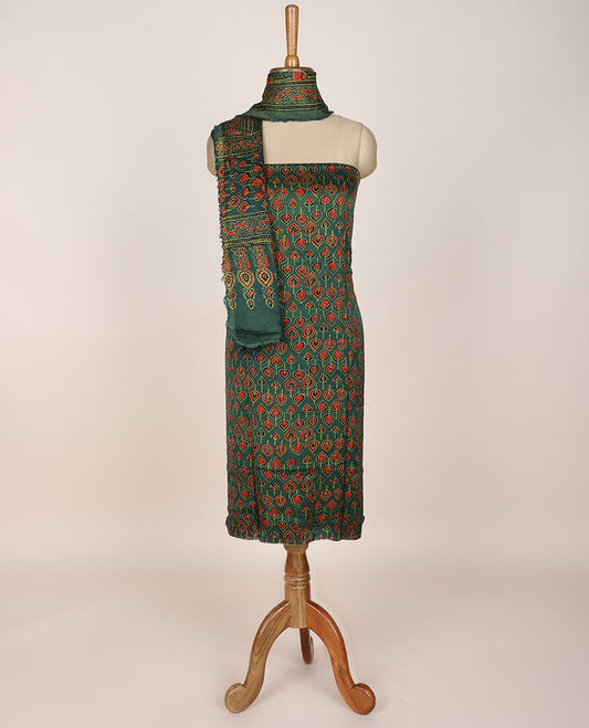 Green chudidar material set, paisley printed, plain bottom & intricately ajrakh printed dupatta