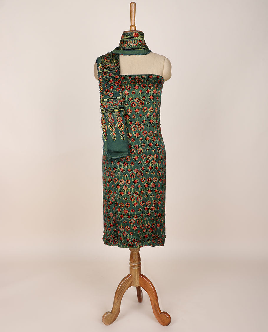 Green chudidar material set, paisley printed, plain bottom & intricately ajrakh printed dupatta