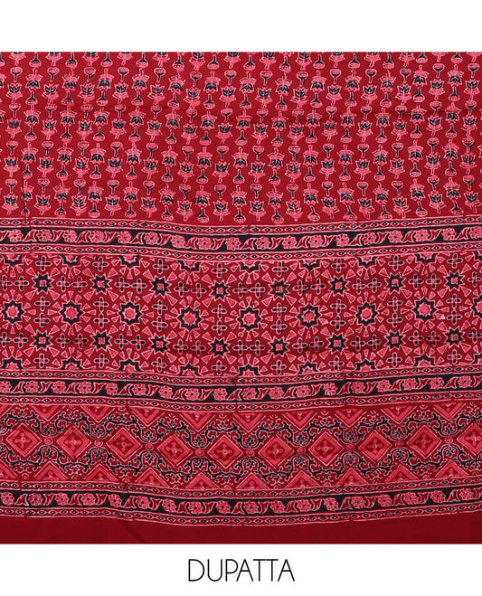 Maroon chudidar material set, ajrakh printed, plain bottom & intricately ajrakh printed dupatta
