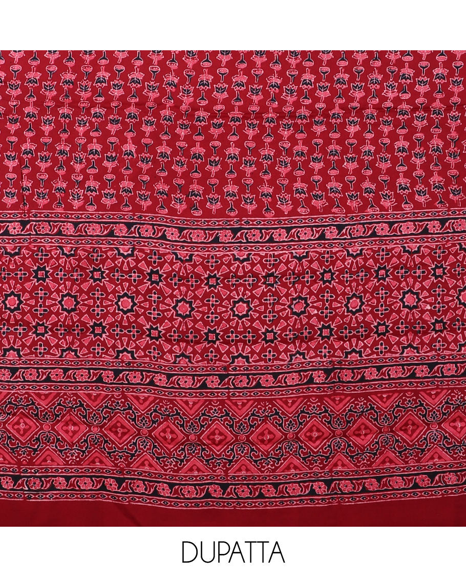 Maroon chudidar material set, ajrakh printed, plain bottom & intricately ajrakh printed dupatta