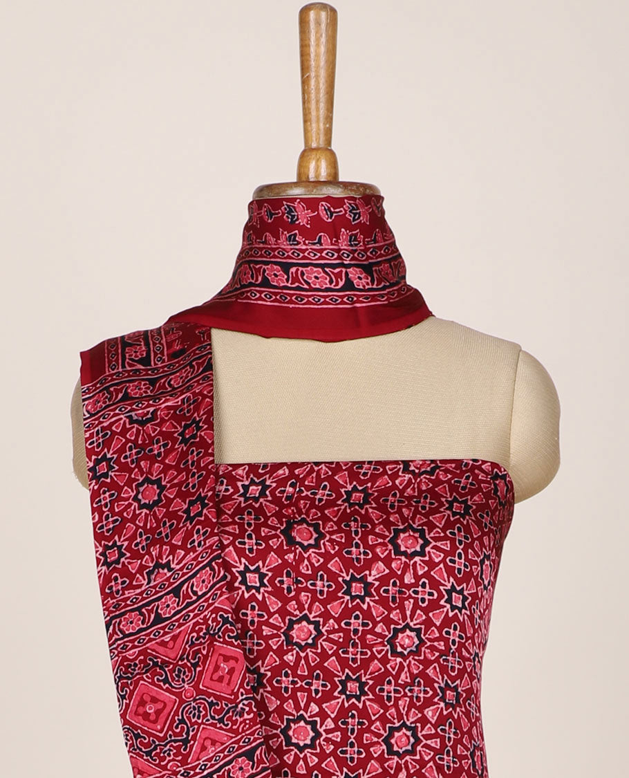 Maroon chudidar material set, ajrakh printed, plain bottom & intricately ajrakh printed dupatta