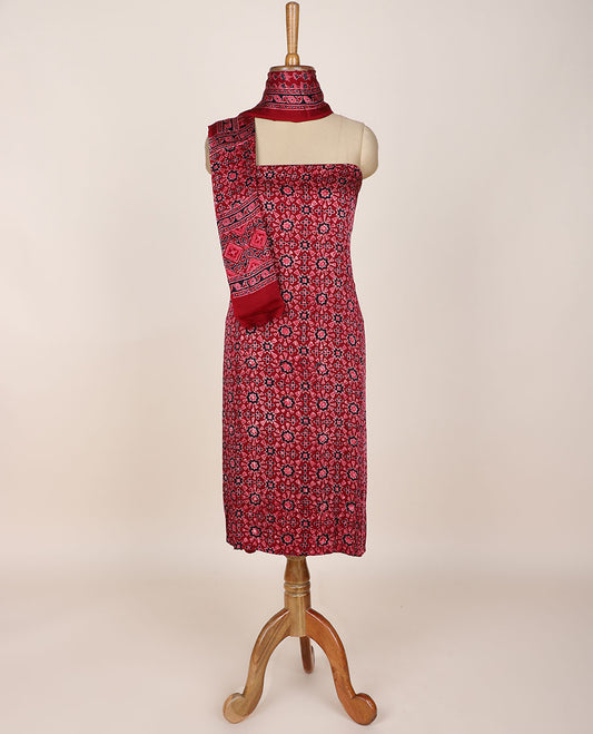 Maroon chudidar material set, ajrakh printed, plain bottom & intricately ajrakh printed dupatta
