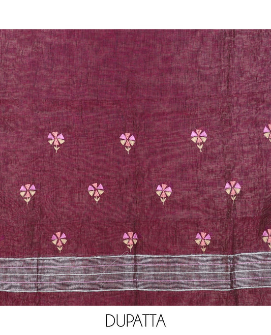 Purple chudidar material set, floral motifs embroidered, plain bottom & embroidered dupatta