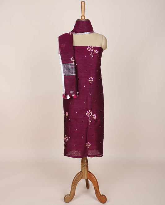 Purple chudidar material set, floral motifs embroidered, plain bottom & embroidered dupatta