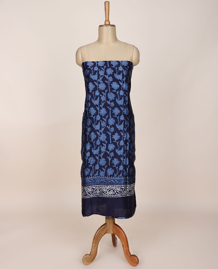 Blue chudidar material set, batik-style floral printed top, plain bottom & batik printed dupatta