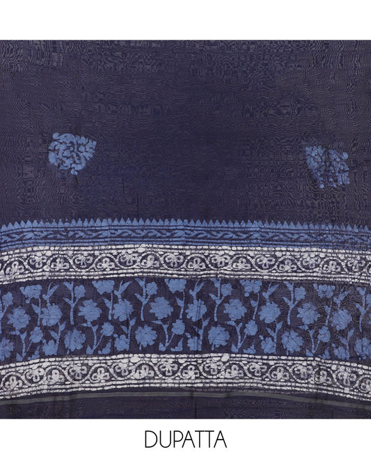 Blue chudidar material set, batik-style floral printed top, plain bottom & batik printed dupatta