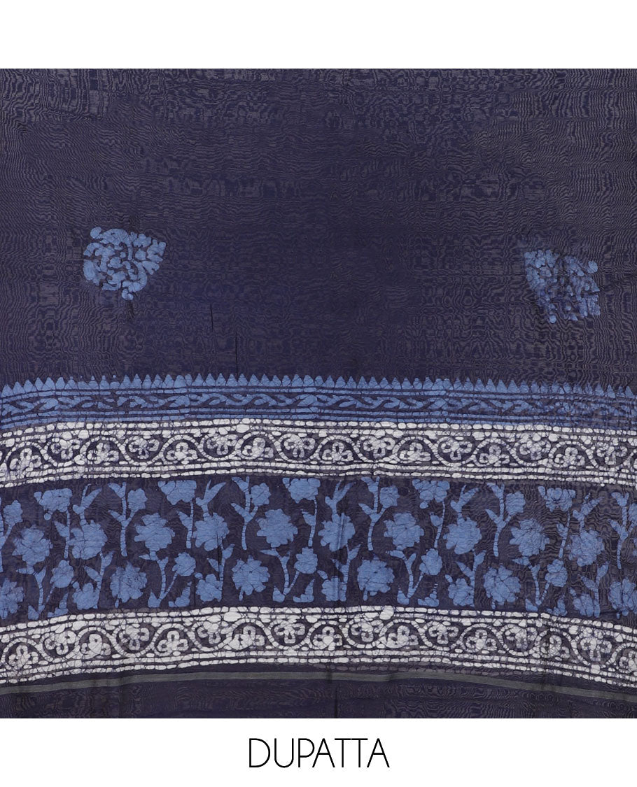 Blue chudidar material set, batik-style floral printed top, plain bottom & batik printed dupatta
