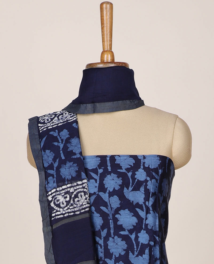 Blue chudidar material set, batik-style floral printed top, plain bottom & batik printed dupatta
