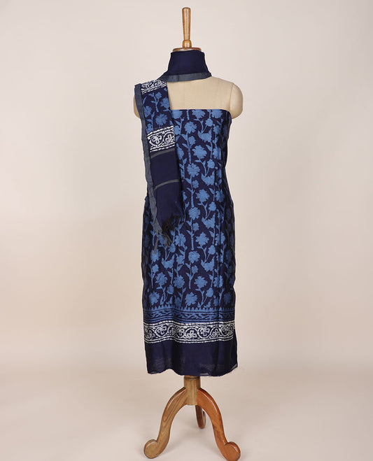 Blue chudidar material set, batik-style floral printed top, plain bottom & batik printed dupatta