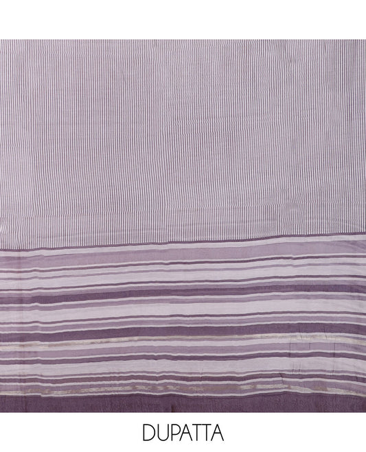 Lavender chudidar material set, intricately printed top, plain bottom & stripes printed dupatta