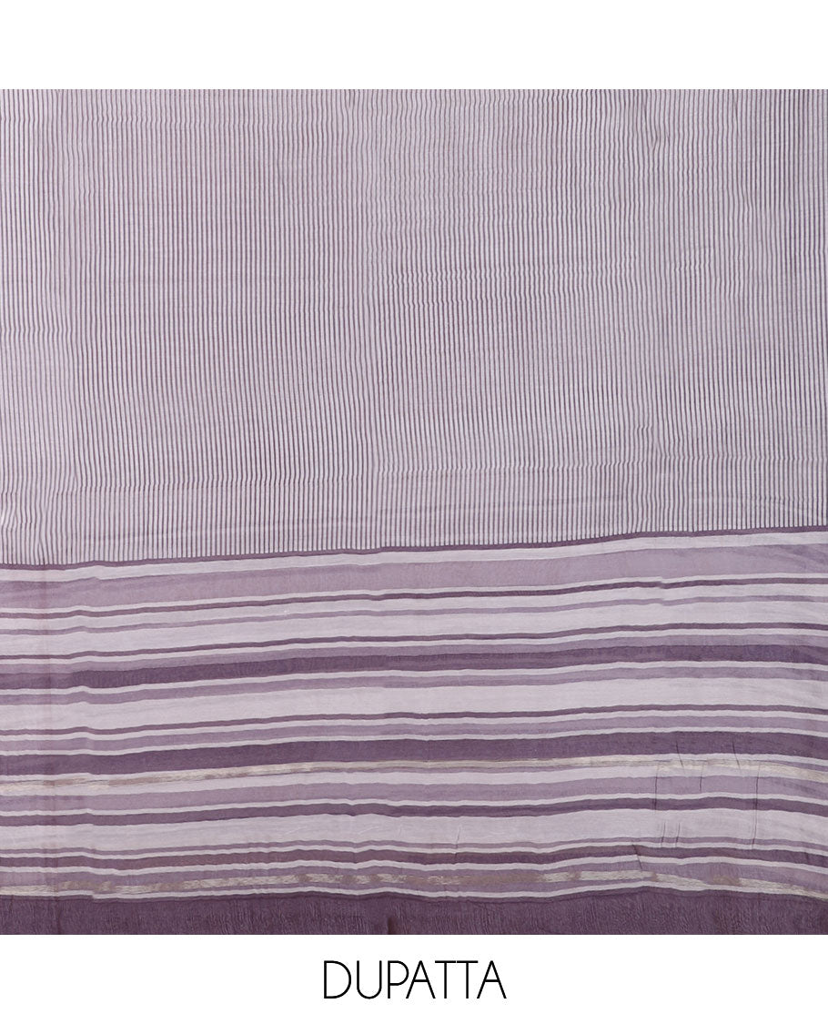 Lavender chudidar material set, intricately printed top, plain bottom & stripes printed dupatta