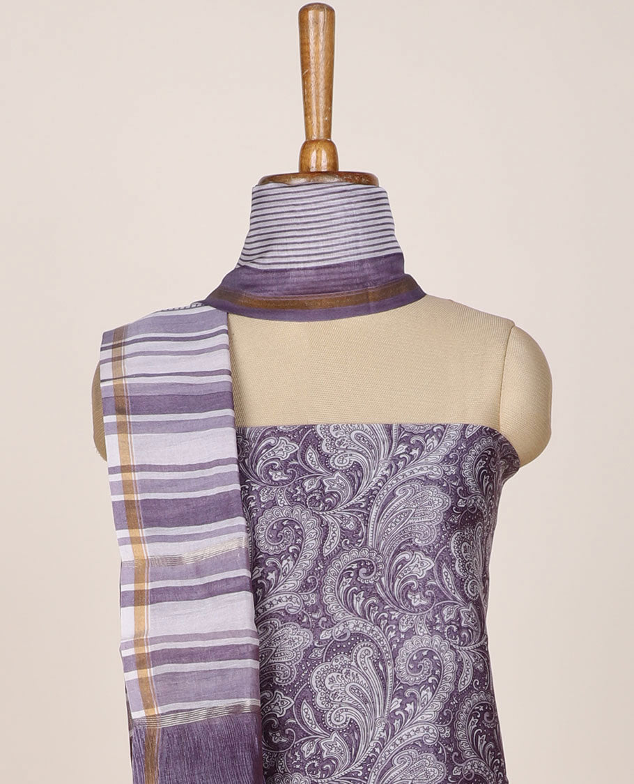 Lavender chudidar material set, intricately printed top, plain bottom & stripes printed dupatta