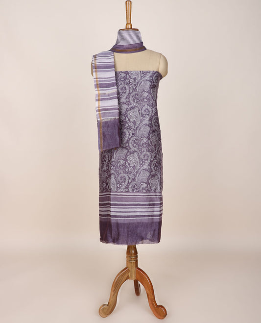 Lavender chudidar material set, intricately printed top, plain bottom & stripes printed dupatta