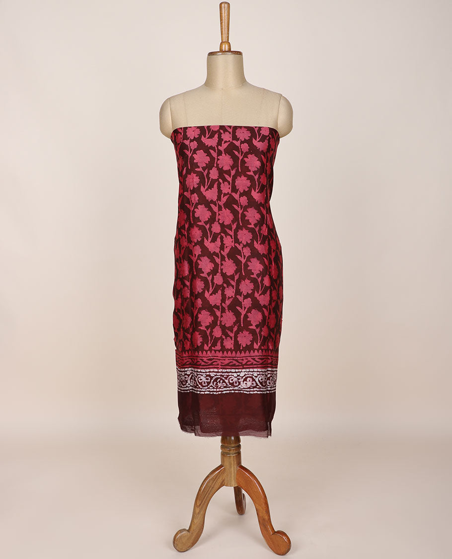 Maroon chudidar material set, batik-style floral printed top, plain bottom & batik printed dupatta
