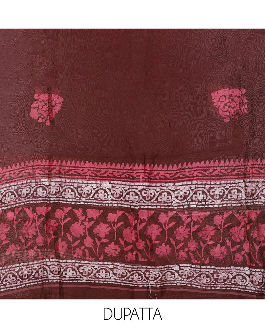 Maroon chudidar material set, batik-style floral printed top, plain bottom & batik printed dupatta