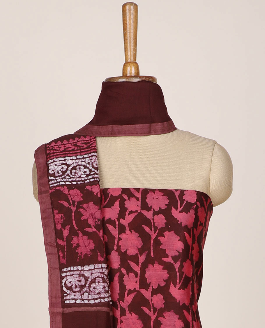 Maroon chudidar material set, batik-style floral printed top, plain bottom & batik printed dupatta