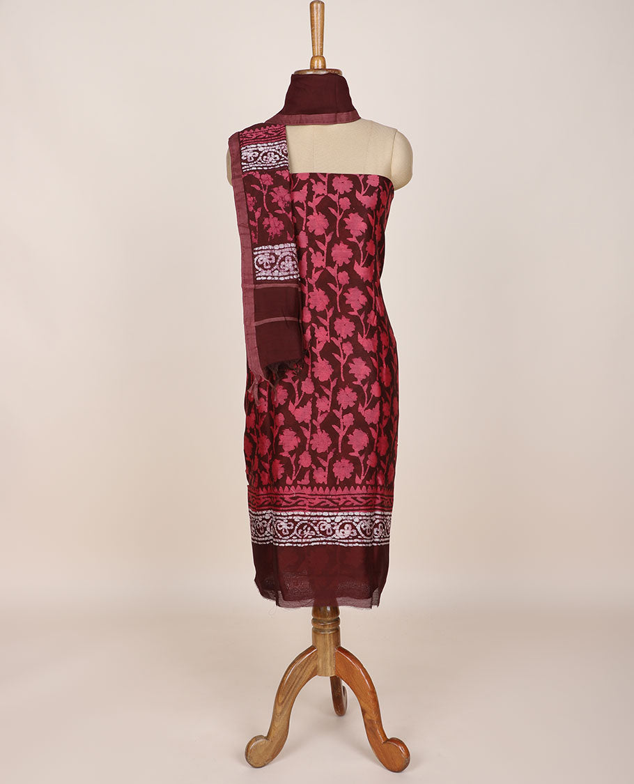 Maroon chudidar material set, batik-style floral printed top, plain bottom & batik printed dupatta