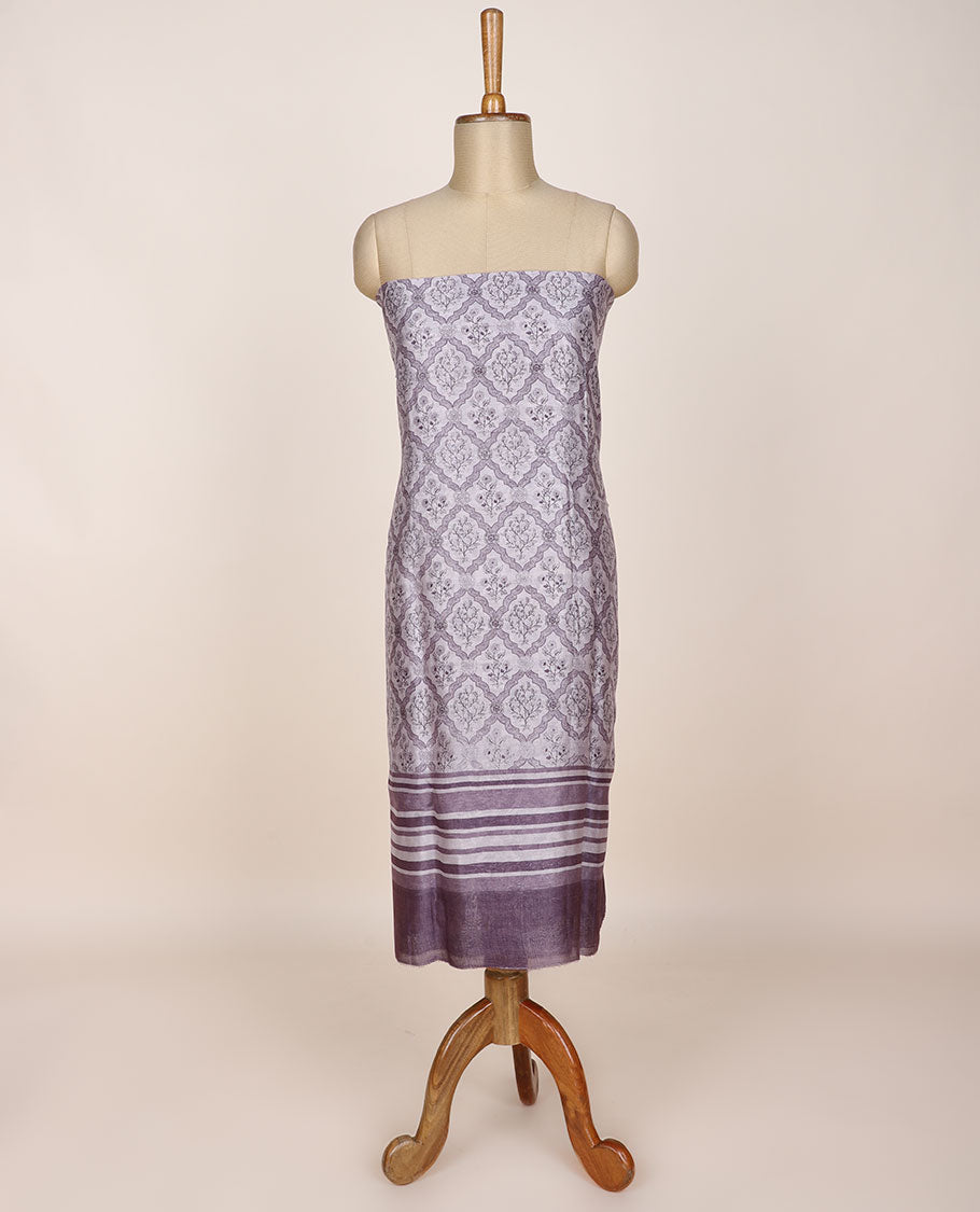 Lavender chudidar material set, ogee patterned printed top, plain bottom & stripes printed dupatta