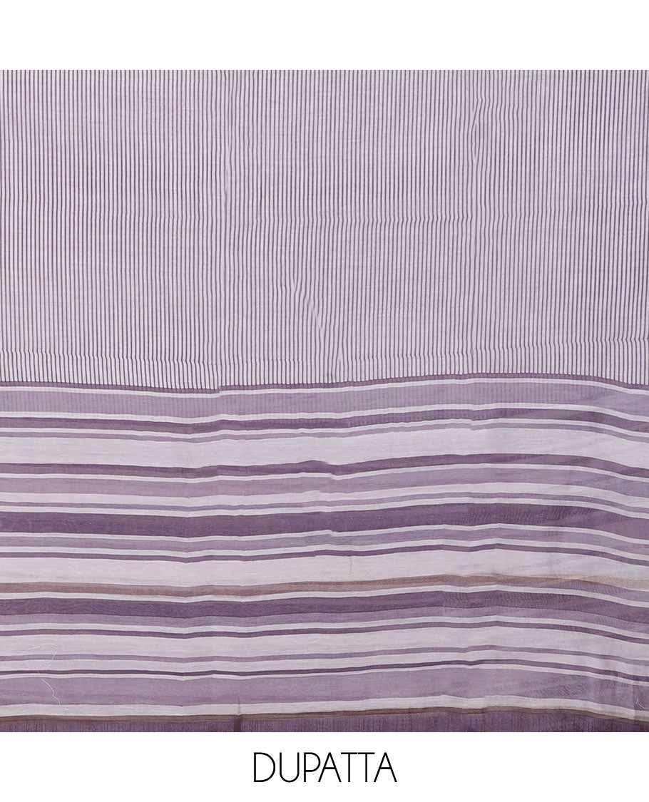 Lavender chudidar material set, ogee patterned printed top, plain bottom & stripes printed dupatta