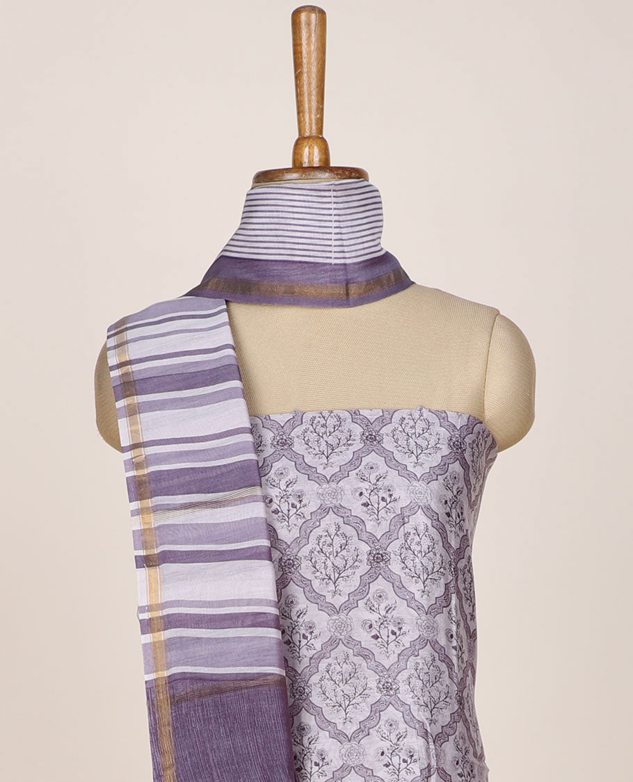 Lavender chudidar material set, ogee patterned printed top, plain bottom & stripes printed dupatta