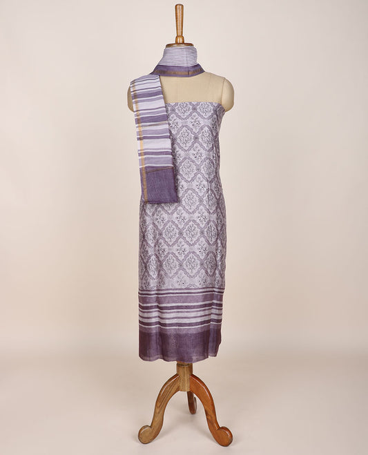 Lavender chudidar material set, ogee patterned printed top, plain bottom & stripes printed dupatta