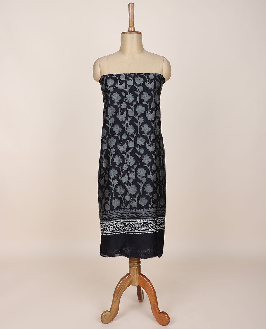 Black chudidar material set, batik-style floral printed top, plain bottom & batik printed dupatta