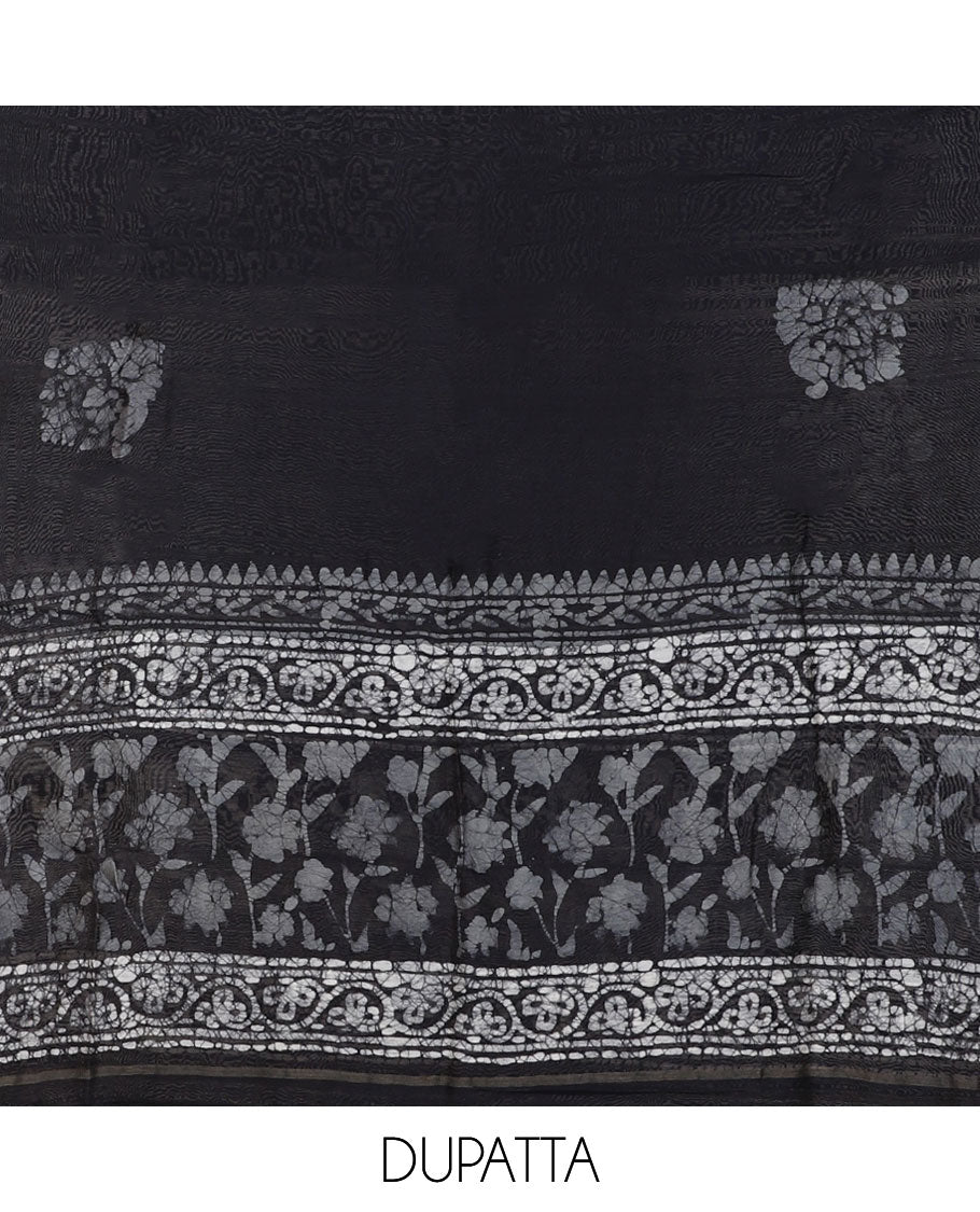 Black chudidar material set, batik-style floral printed top, plain bottom & batik printed dupatta