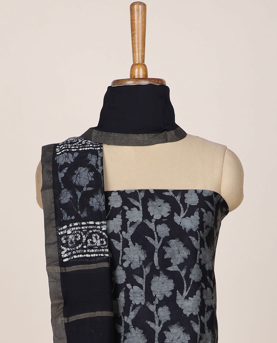 Black chudidar material set, batik-style floral printed top, plain bottom & batik printed dupatta
