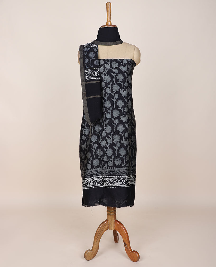 Black chudidar material set, batik-style floral printed top, plain bottom & batik printed dupatta