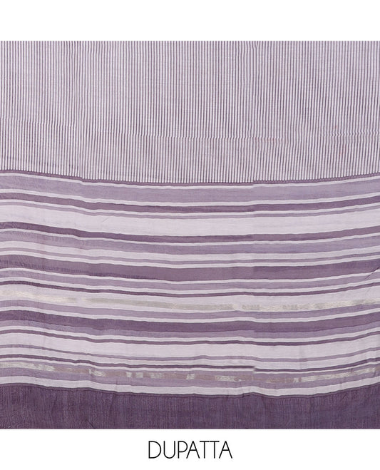 Lavender chudidar material set, geometric patterned printed top, plain bottom & stripes printed dupatta
