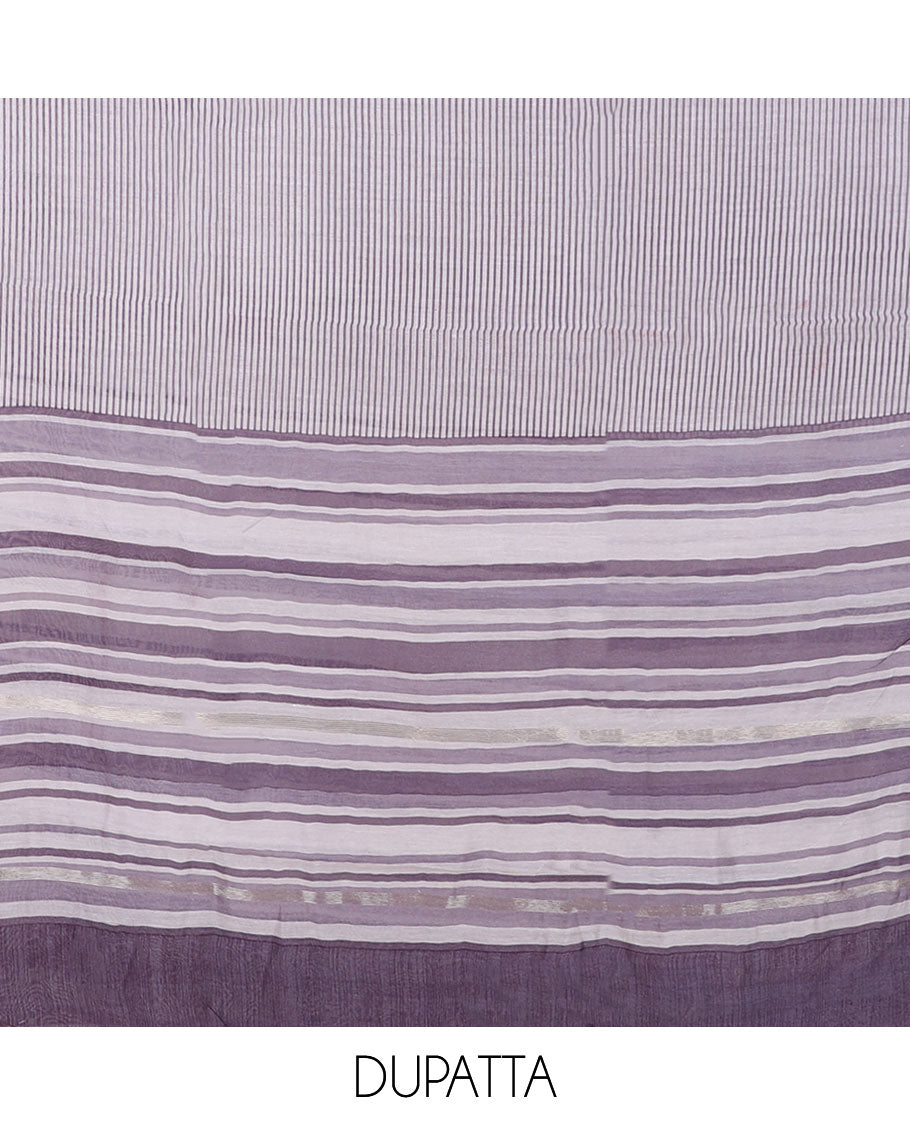 Lavender chudidar material set, geometric patterned printed top, plain bottom & stripes printed dupatta