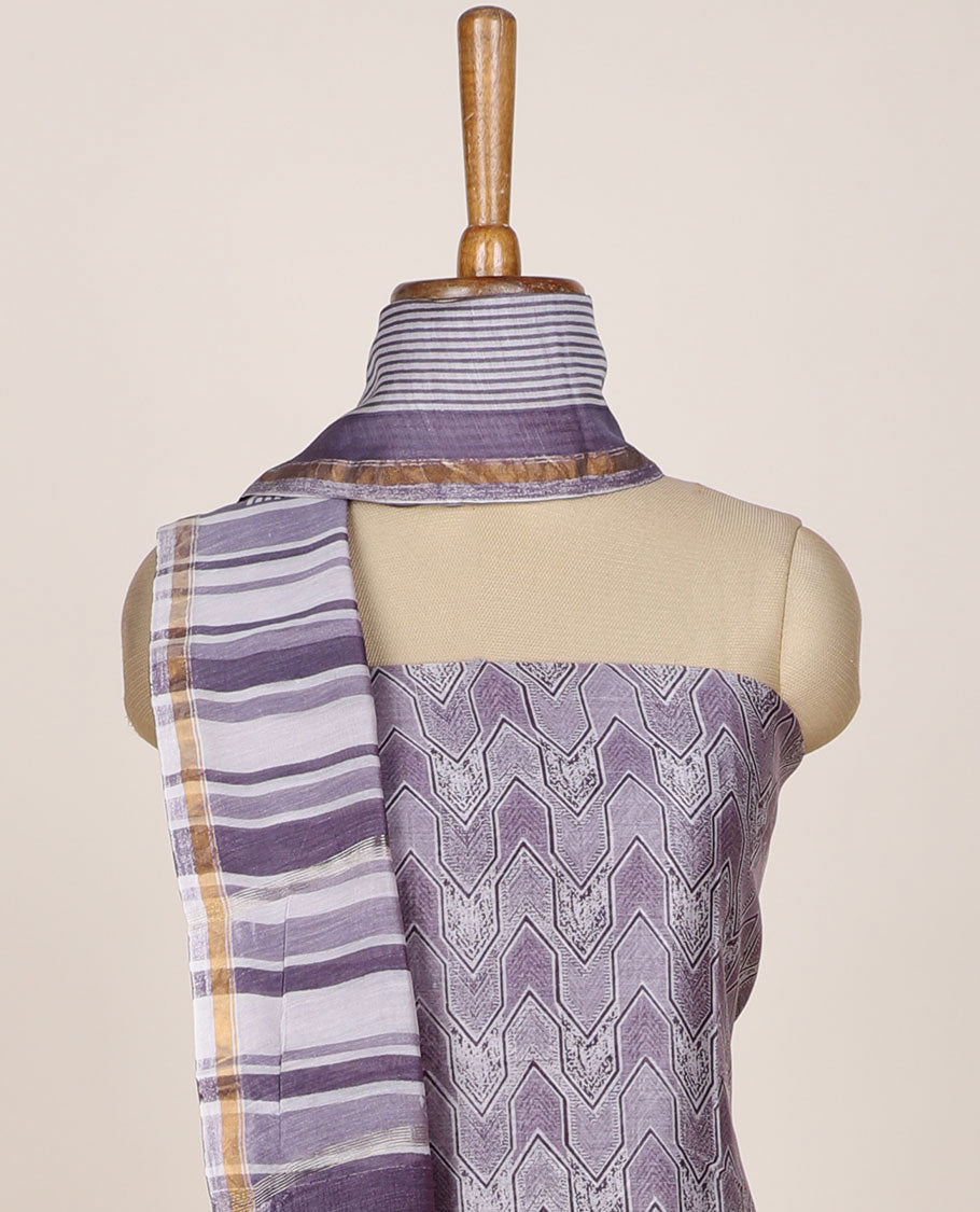 Lavender chudidar material set, geometric patterned printed top, plain bottom & stripes printed dupatta