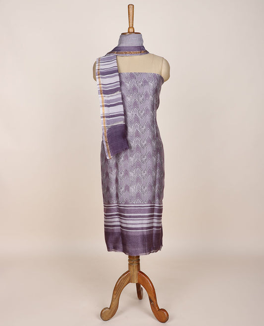 Lavender chudidar material set, geometric patterned printed top, plain bottom & stripes printed dupatta