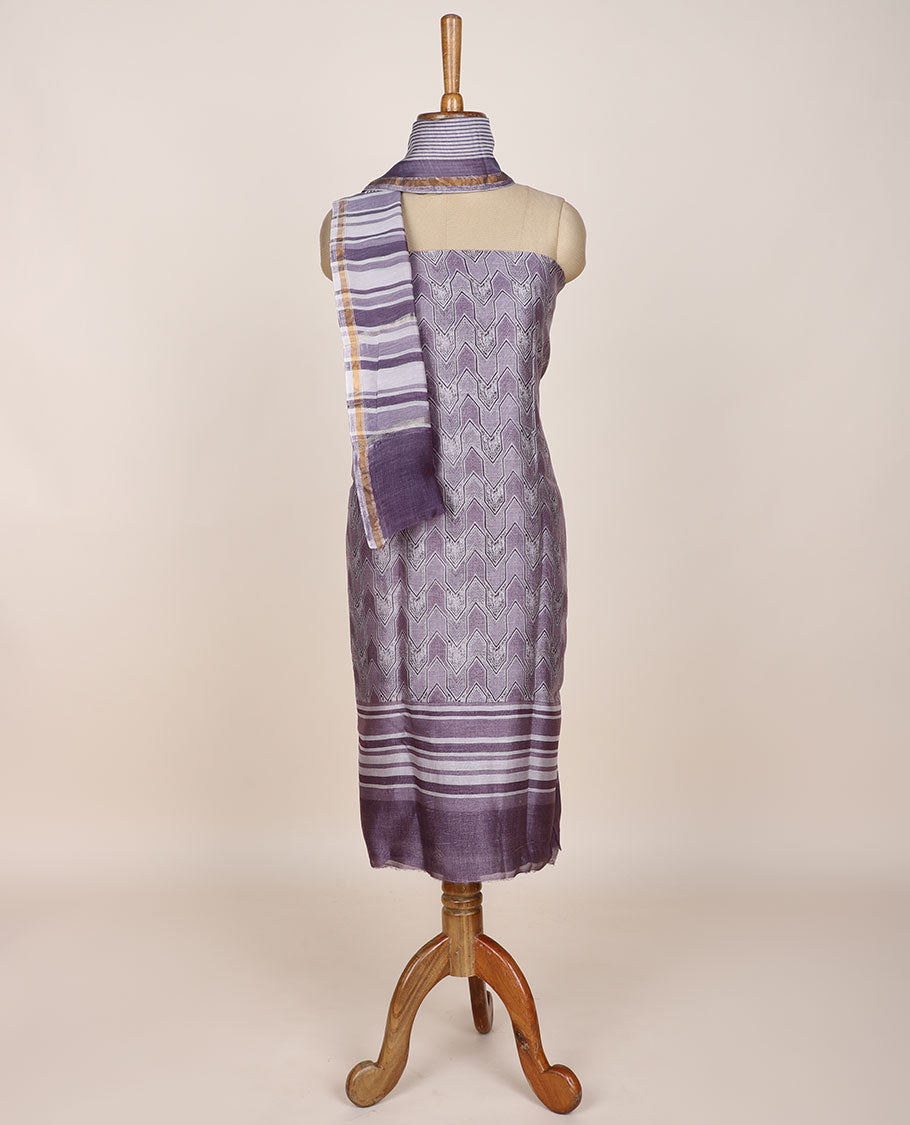 Lavender chudidar material set, geometric patterned printed top, plain bottom & stripes printed dupatta