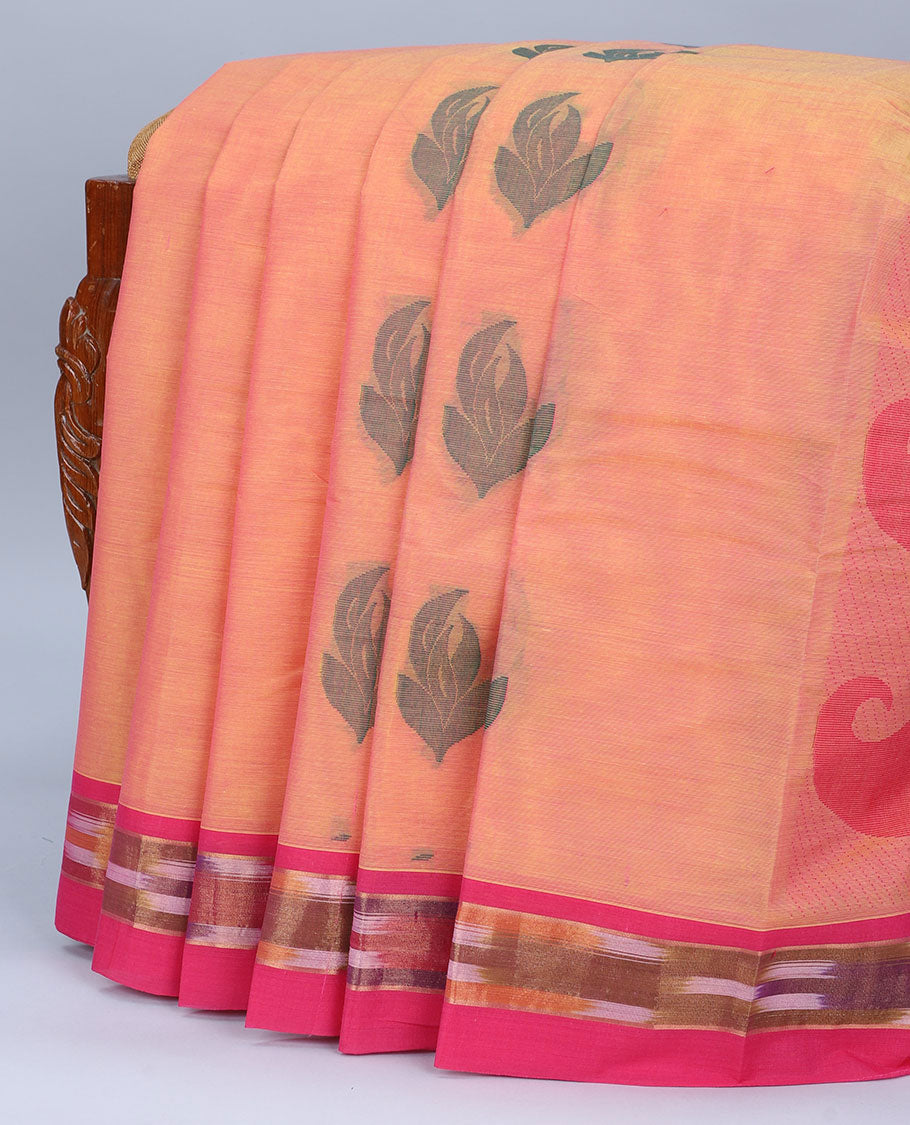 Orange kanchi cotton saree with buttas, contrast ikkat border & pallu of paisley designs