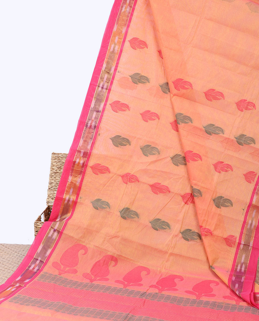 Orange kanchi cotton saree with buttas, contrast ikkat border & pallu of paisley designs