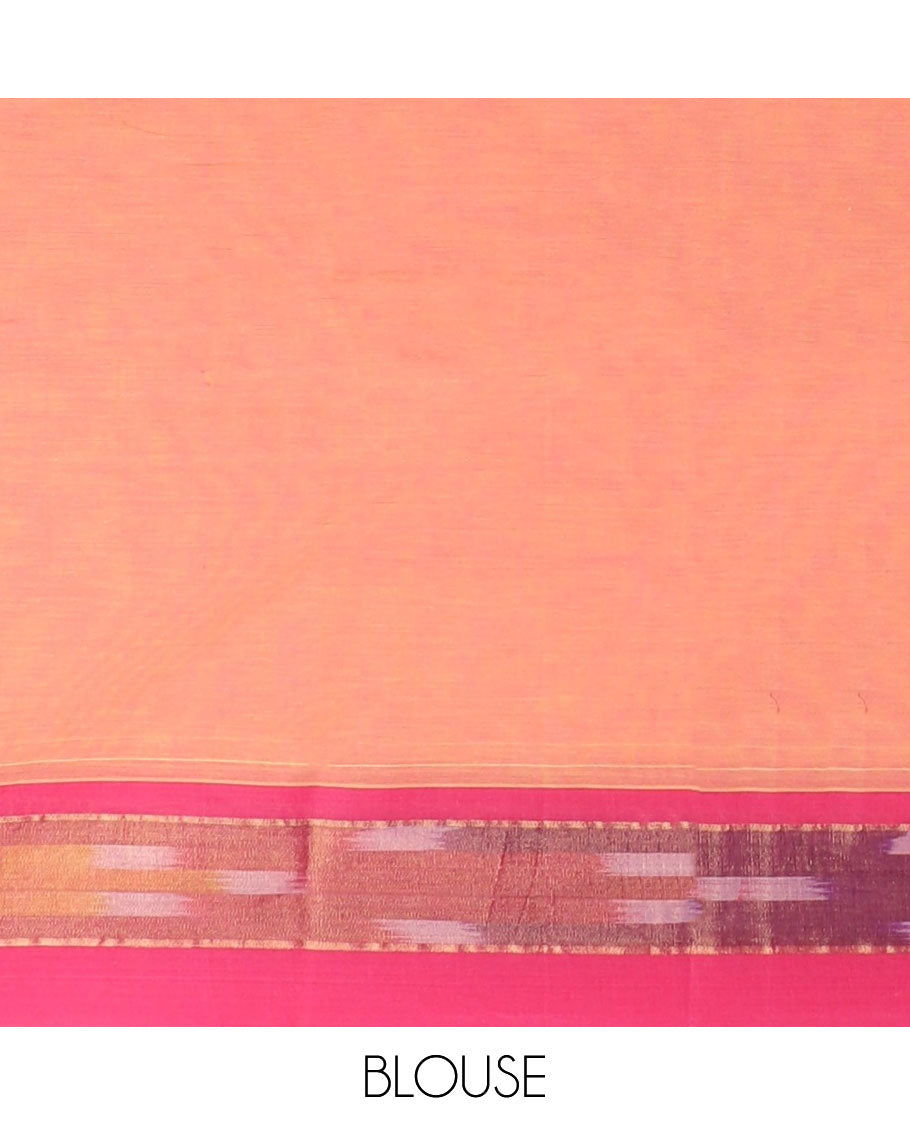 Orange kanchi cotton saree with buttas, contrast ikkat border & pallu of paisley designs