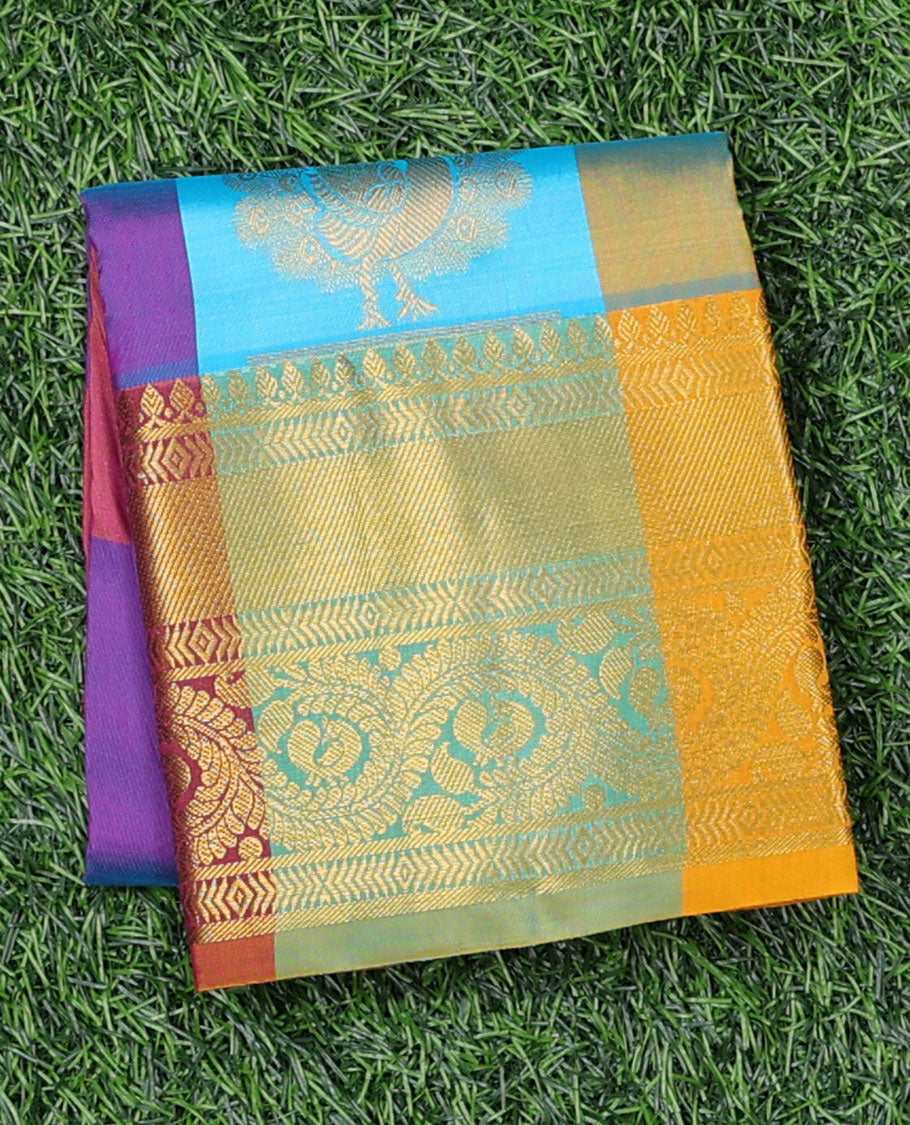 Multi-color checked & zari buttas navarathna pavadai material, contrast blouse & border of traditional zari designs